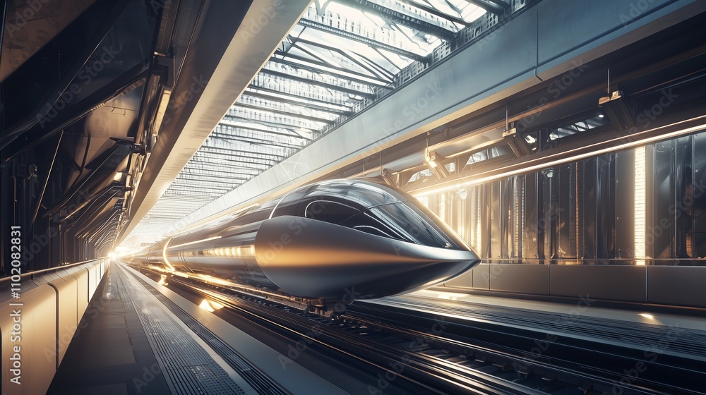 Poster futuristic transportation concept featuring a sleek pod floating above magnetic rails in an advanced