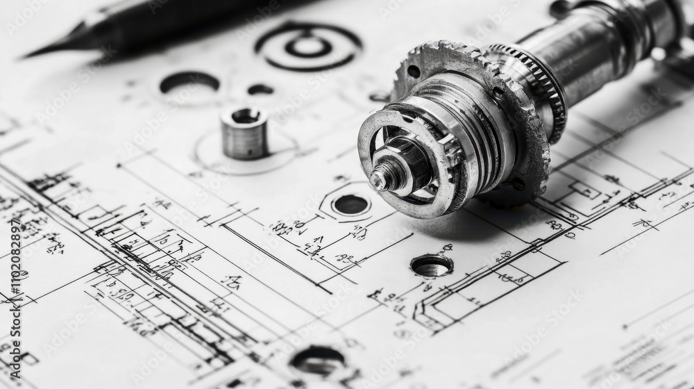 Aufkleber mechanical component and technical drawings on workbench surface