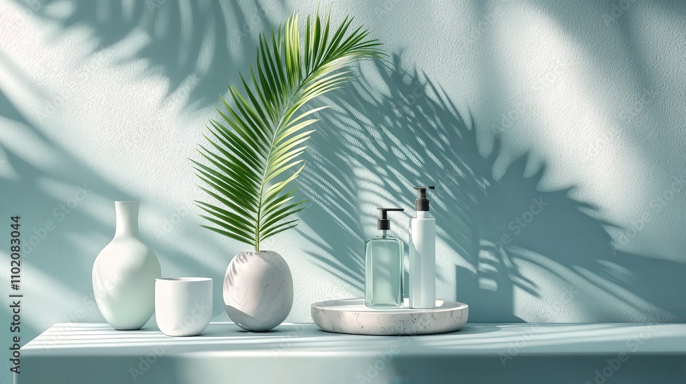 Poster home decor arrangement featuring plants and wellness products in a minimalist setting with soft ligh