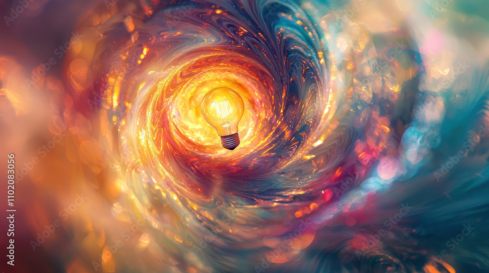Poster glowing bulb illuminates swirling vortex of vibrant colors, creating mesmerizing visual effect. inte