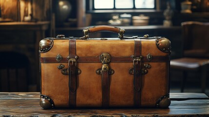 Vintage leather suitcase with brass hardware placed on a rustic wooden table in a warmly lit room, evoking nostalgia and timeless elegance