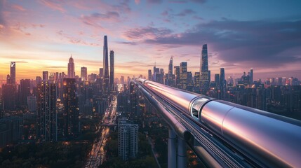 Fototapeta premium Breathtaking Aerial View of a Futuristic Transport Tube Overlooking a Vibrant City Skyline at Sunset