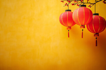 Obraz premium A vibrant image of red and yellow paper lanterns, ideal for decorating Chinese New Year celebrations or festive events, with space for text overlay.
