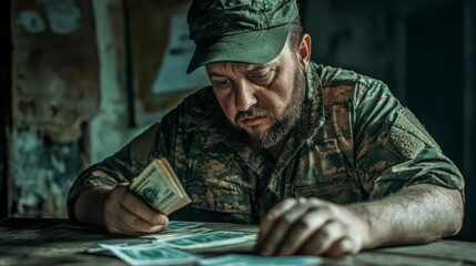 Fototapeta premium Soldier Counting Money in Rugged War Zone Camp