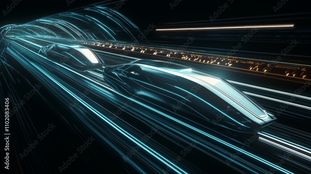 Poster futuristic hyperloop system in a night view, showcasing sleek trains with glowing elements and dynam