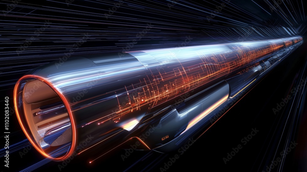 Poster High-Speed Transportation Innovation: A Top-Down View of a Conceptual Hyperloop System with Futuristic Design Elements and Dynamic Motion Effects