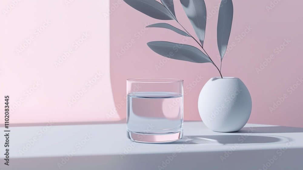 Poster minimalist water glass with leafy accent modern table setting still life soft color palette serene a