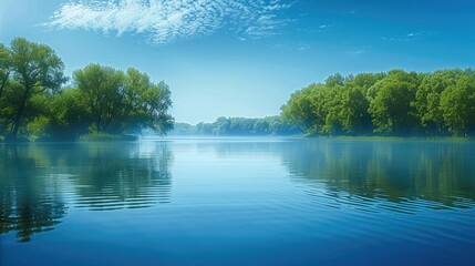 A calm lake with a green tree line at the distant, blue sky.
