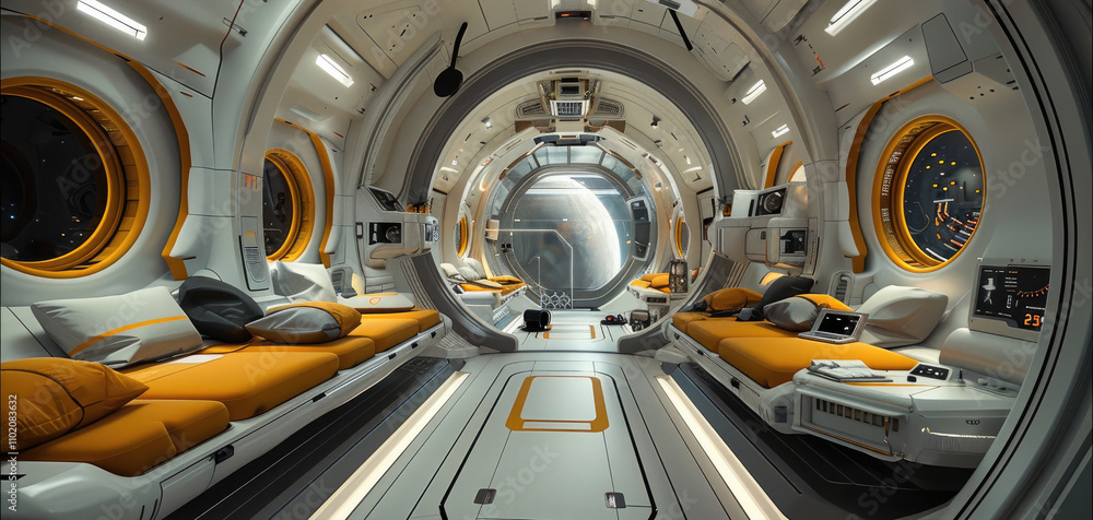 Aufkleber interior view of a spaceship cabin as it flows through deep space.