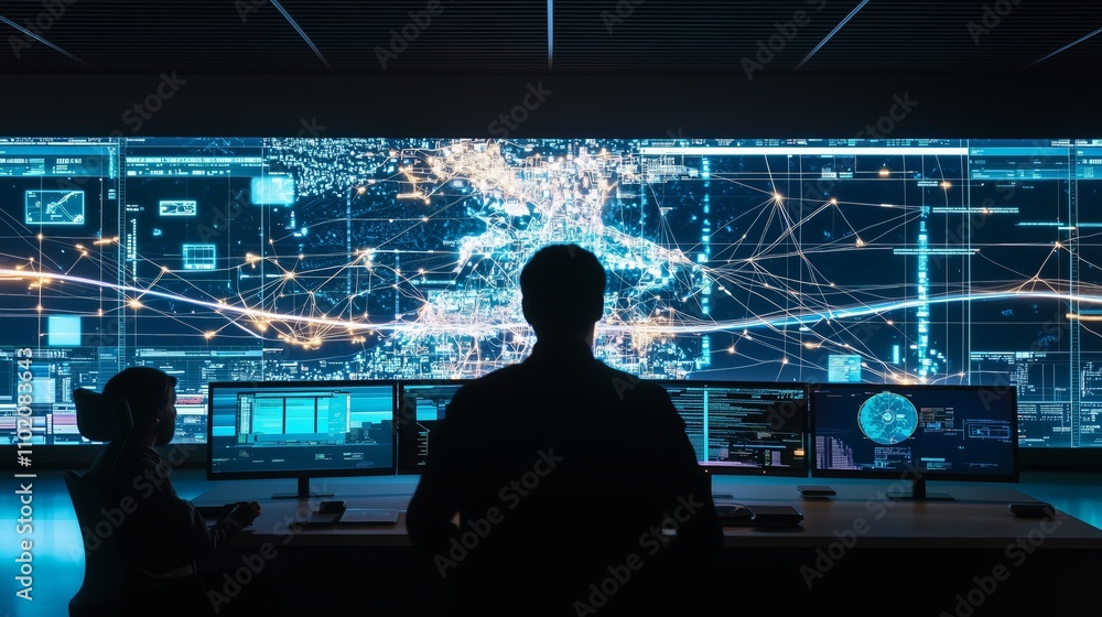 Fototapete 3D Visualization of a Hypothetical Hyperloop Network Featuring Glowing Map Elements in a Futuristic Data Center Setting