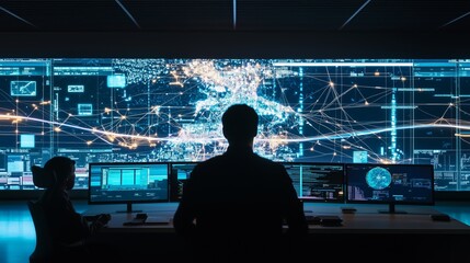 3D Visualization of a Hypothetical Hyperloop Network Featuring Glowing Map Elements in a Futuristic Data Center Setting