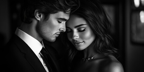 Fototapeta premium A serene and intimate moment captured in monochrome showcasing a man and woman embracing in a peaceful, elegant setting with strong emotional connection