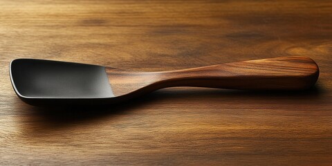 A beautifully crafted wooden spatula with a dark finish, resting elegantly on a polished wooden surface, showcasing its sleek design and functional appeal