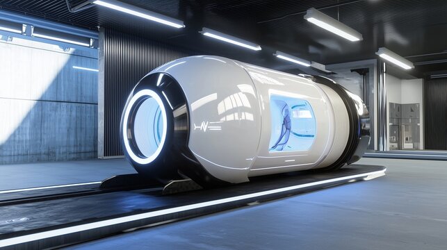 Innovative Cargo Transport Pod Concept Designed for Hyperloop Systems Featuring Futuristic Design and Advanced Technology in Modern Facility