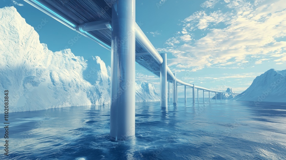 Poster a futuristic concept of a hyperloop transport system cutting through crystal clear waters and iceber