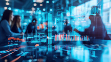high resolution image of diverse business team analyzing data with digital graphs and charts in modern office setting. atmosphere is collaborative and innovative
