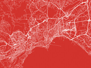 Christmas Map of Napoli, Italy in Snowy White on Festive Red Background.