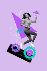 Vertical poster collage young cheerful woman ambition reach success cogwheel app setting smartphone...