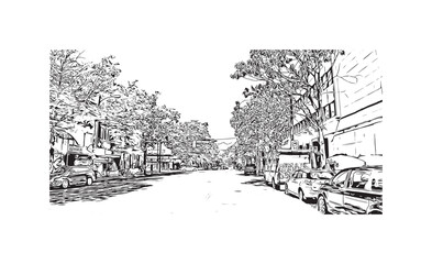 Print Building view with landmark of Vancouver is the city in Western Canada. Hand drawn sketch illustration in vector.