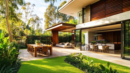Obraz premium Modern outdoor dining area in a stylish home surrounded by lush greenery