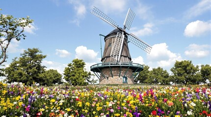A rustic windmill standing tall in a colorful field of wildflowers, nature, colorful, countryside