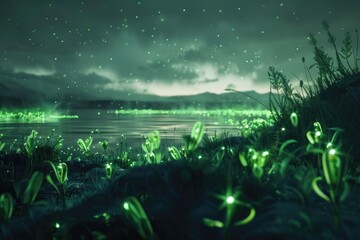 Glowing Plants by a Tranquil Lake Under a Night Sky