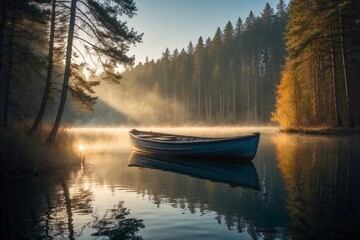 Boat on a Lake Next to a Pine Forest, Enveloped in Golden Mist