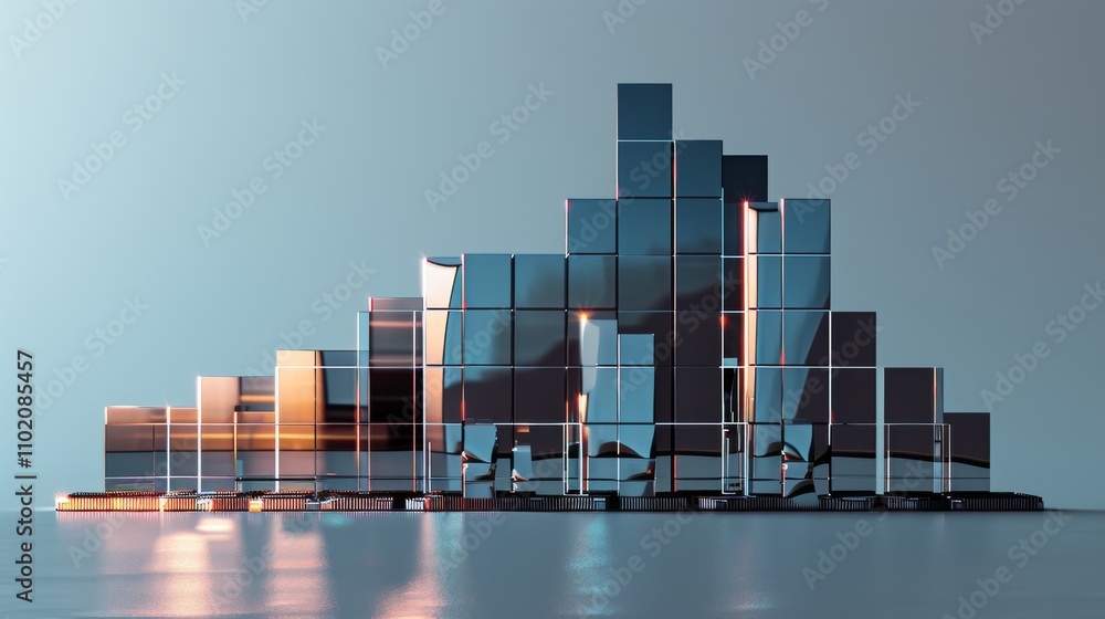 Poster a stunning 3d render of a futuristic cityscape built from mirrored geometric blocks, reflecting soft