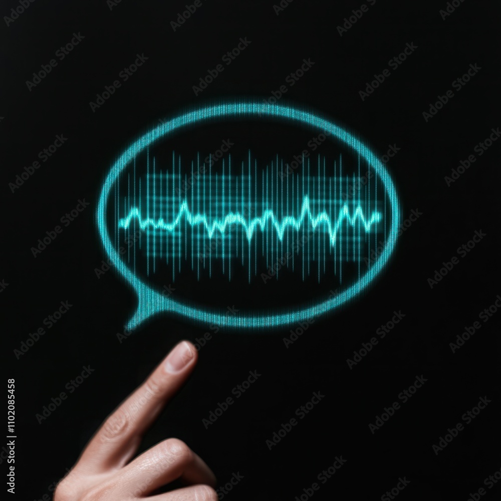 Aufkleber digital representation of sound waves depicted in a speech bubble format with a human hand pointer, 