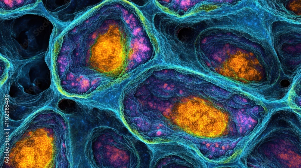 Poster colorful cellular structures under microscope view with bright details