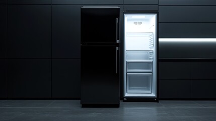 Modern Black Refrigerator In A Dark Kitchen Setting