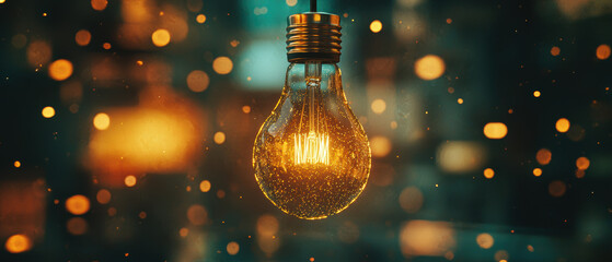 close up of glowing light bulb surrounded by sparkling bokeh lights creates warm and inviting atmosphere. intricate details of bulb are beautifully highlighted