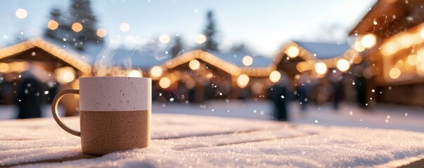 Wide banner. Cozy winter scene with a mug surrounded by snow and festive lights.