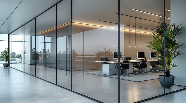Modern Interior design of an open office with glass partitions and management office.