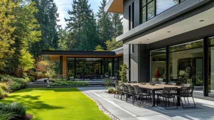 Fototapeta premium Modern house exterior featuring a spacious patio and vibrant landscaping in a sunny setting