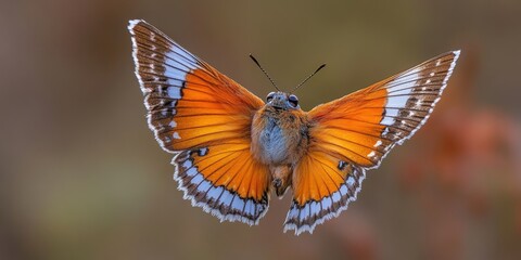 Fototapeta premium This image showcases a vibrant orange and brown butterfly with intricately detailed wings, captured in mid-flight against a blurred natural background