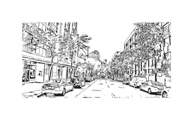 Print Building view with landmark of Vancouver is the city in Western Canada. Hand drawn sketch illustration in vector.