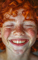Naklejka premium Extreme close-up of a red-haired, freckled-faced child laughing with his eyes closed