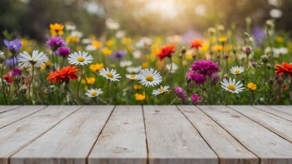 Colorful wildflower garden with rustic wood board mockup surface and outdoor bokeh background