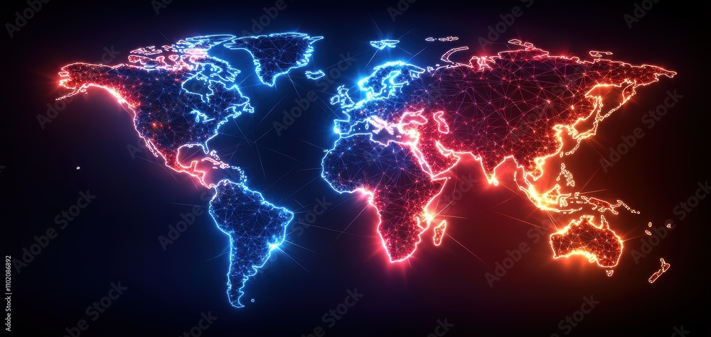 Poster technology cybersecurity trends concept. a vibrant digital map of the world, illuminated with blue a