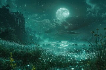 Obraz premium Glowing Flowers in a Dark Forest with a Moon Range in the Background