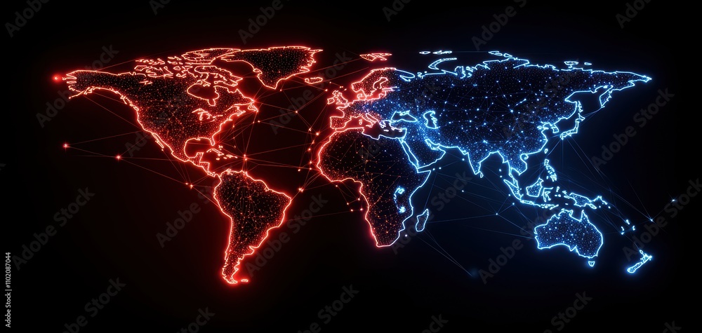 Poster technology cybersecurity trends concept. A digital world map illuminated in red and blue lights, representing data or connectivity across the globe.