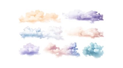 Set of yellow purple blue orange green powder clouds isolated on transparent background