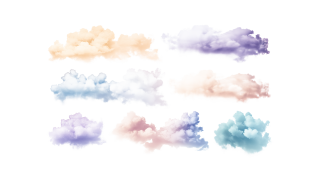 Set of yellow purple blue orange green powder clouds isolated on transparent background
