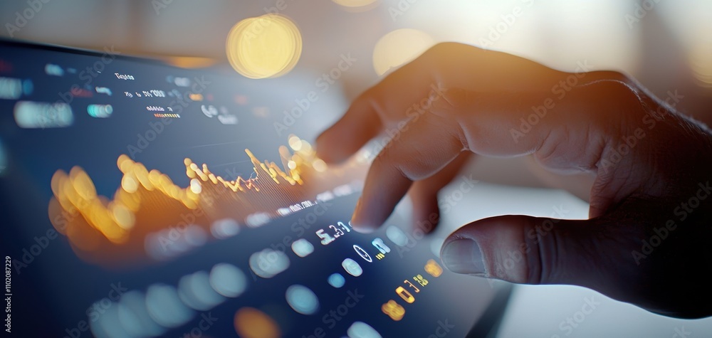 Poster technology cybersecurity trends concept. A close-up of a hand interacting with a digital screen displaying data visualizations, possibly related to finance or analytics.
