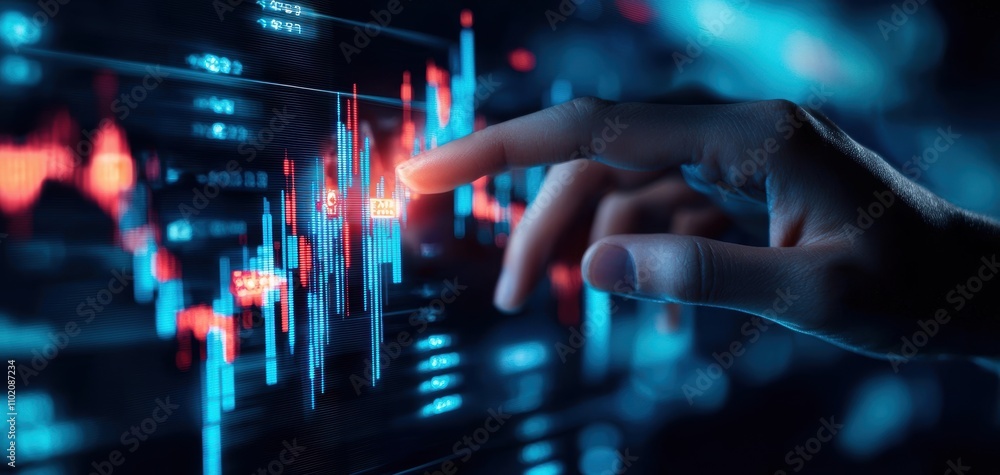 Poster technology cybersecurity trends concept. A hand interacts with a digital display of financial data, showcasing vibrant graphs and indicators against a dark background.