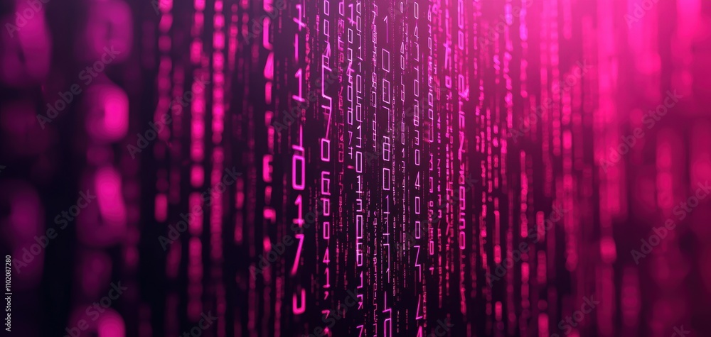 Poster technology cybersecurity trends concept. A vibrant, digital backdrop featuring cascading binary code in shades of purple and pink, evoking themes of technology and data.