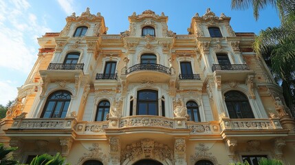 A majestic and ornate building showcasing intricate architectural details and stunning design elements, blending classical and modern styles seamlessly in an urban setting