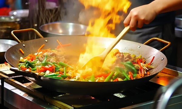 Fiery Wok Cooking: A chef expertly tosses vegetables and meat in a sizzling wok, flames leaping from the pan, capturing the energy and passion of Asian cuisine. 
