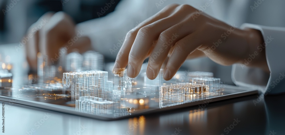Poster technology cybersecurity trends concept. a person is manipulating a transparent, illuminated model, 